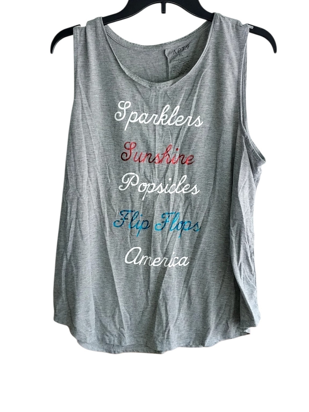 Apt. 9 Gray Graphic Tank with Red, Blue & White Lettering